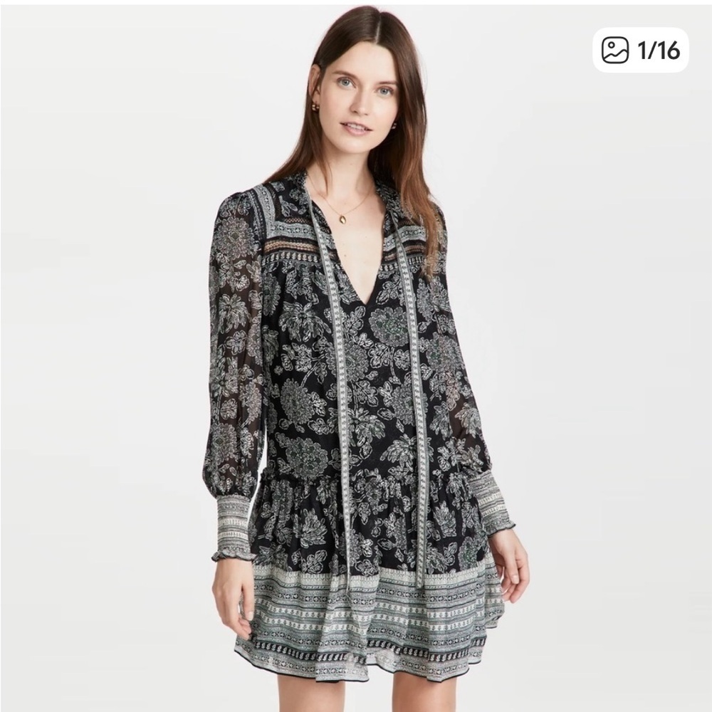 Veronica Beard Black/White Green Floral Long-Sleeve Tiered Dress Missing Necktie